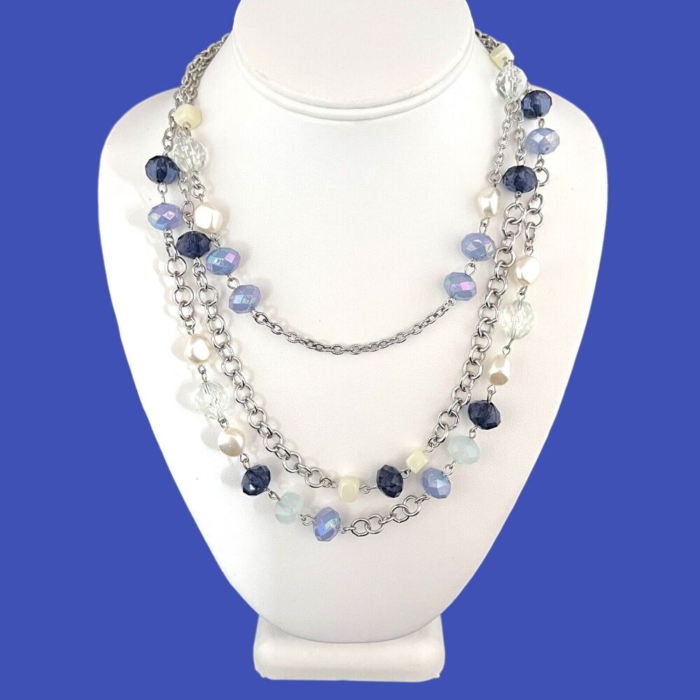 New Silver Tone Necklace Three Strand Silver Blue Beads Simulated Pearls - 1R